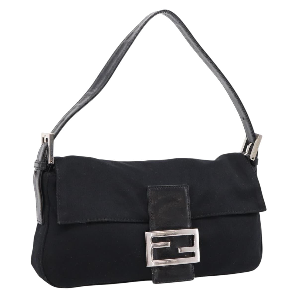 FENDI Mamma Baguette Shoulder Bag Cotton jersey Black Silver Auth 207994