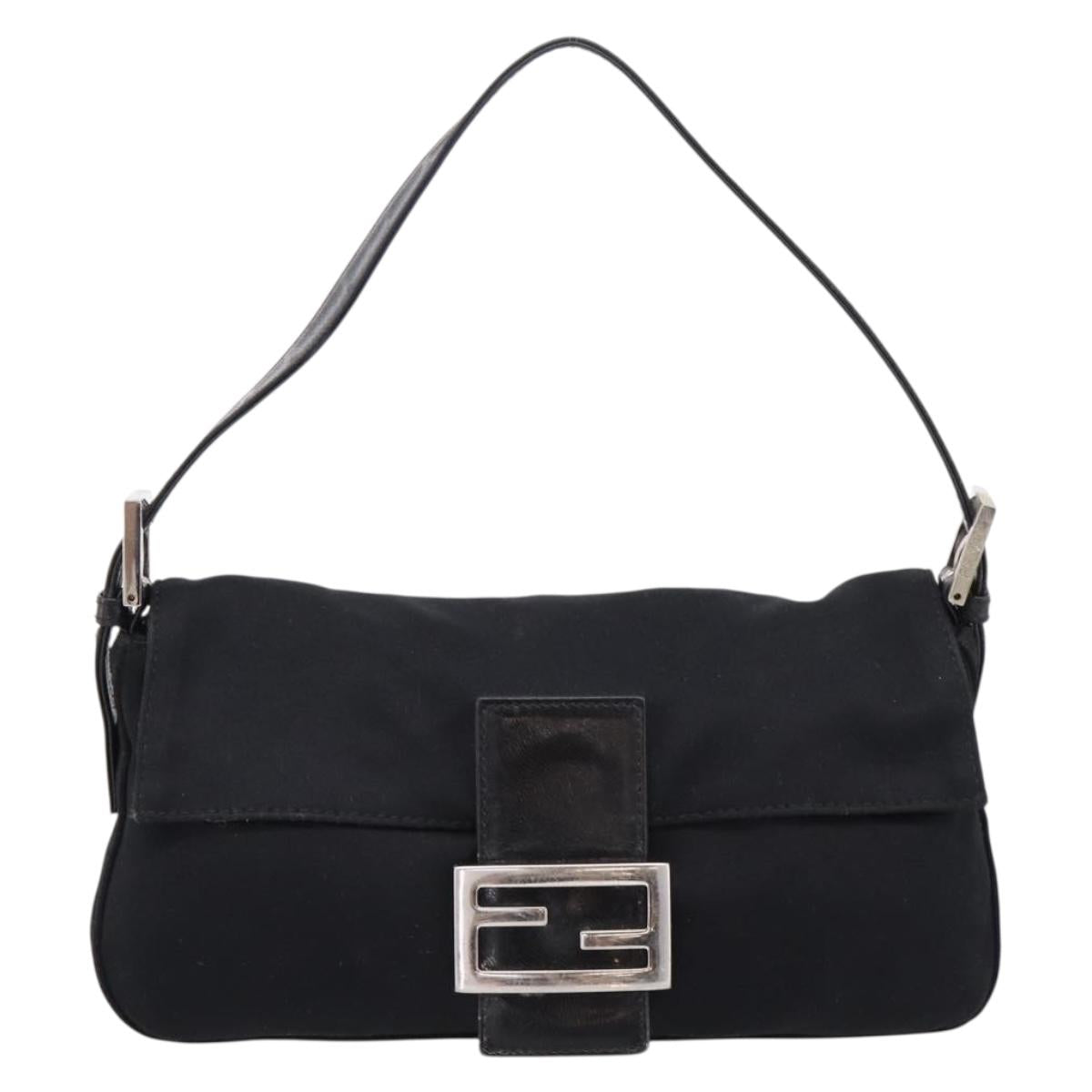 FENDI Mamma Baguette Shoulder Bag Cotton jersey Black Silver Auth 207994