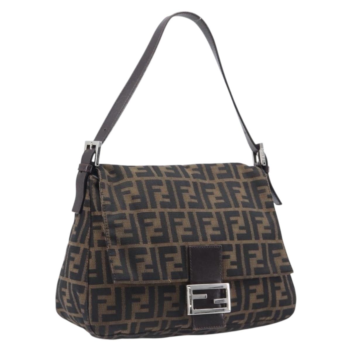 FENDI Zucca Canvas Mamma Baguette Shoulder Bag Brown Black Auth 207999A