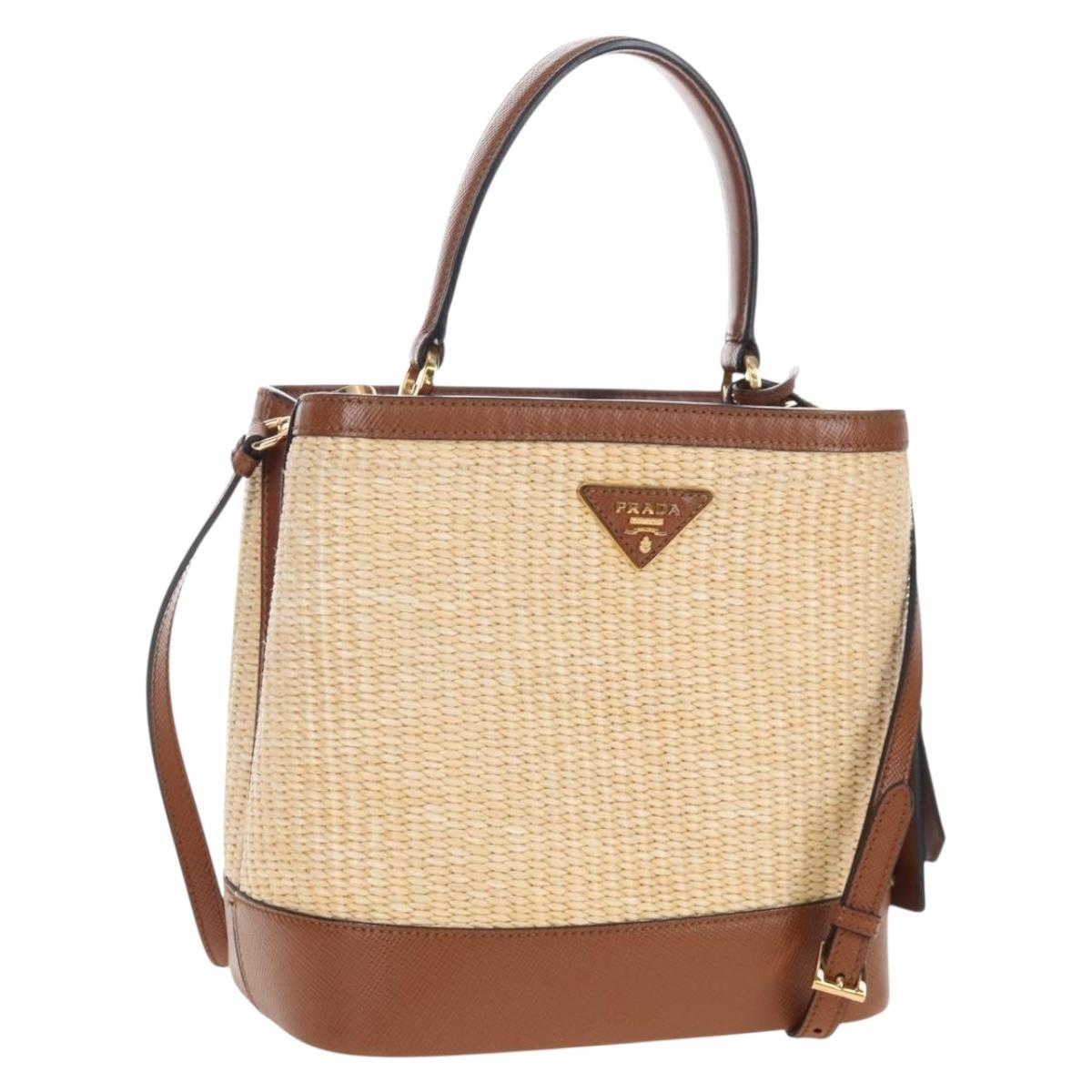 PRADA Panniers Hand Bag Raffia 2way Beige Gold Auth 208006M