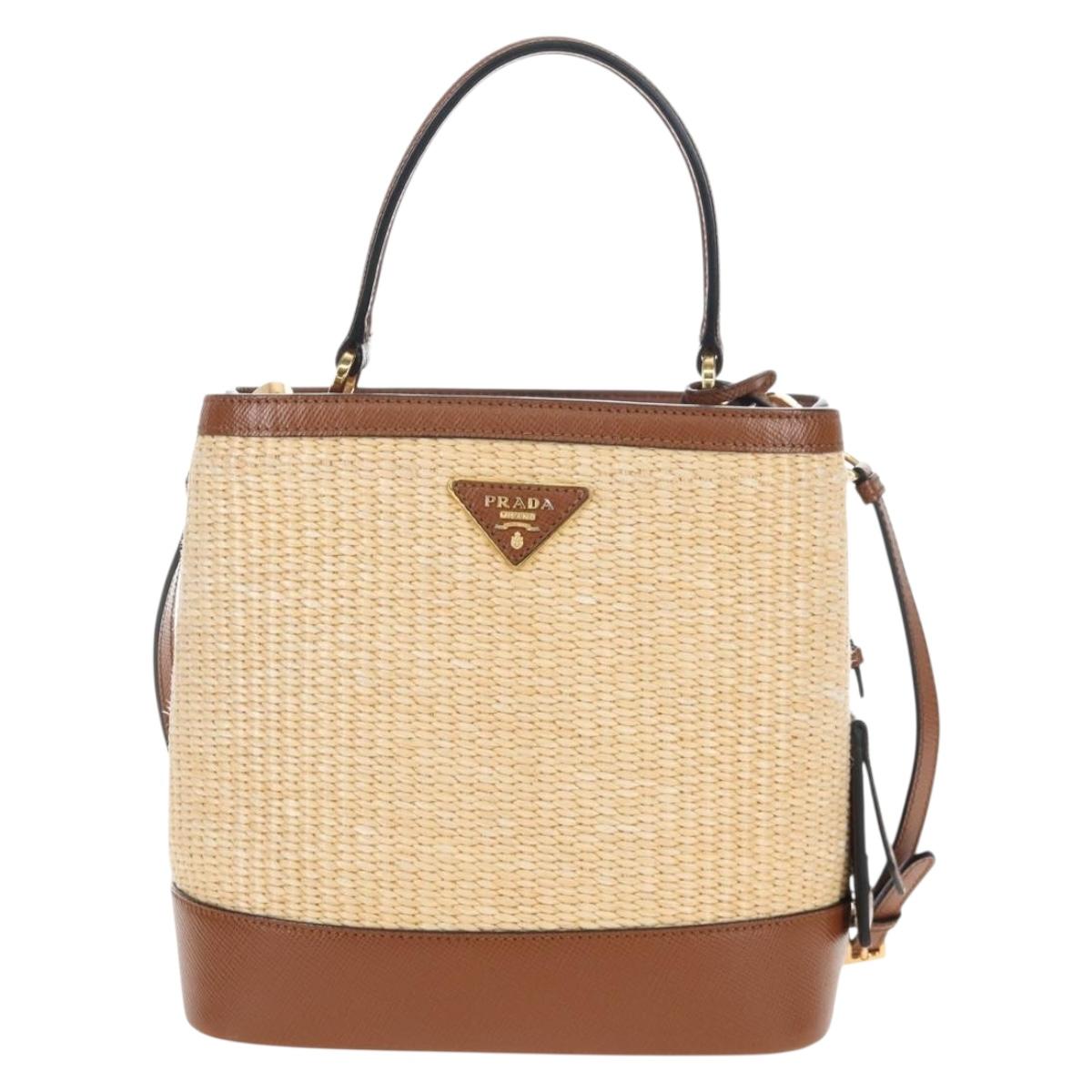 PRADA Panniers Hand Bag Raffia 2way Beige Gold Auth 208006M