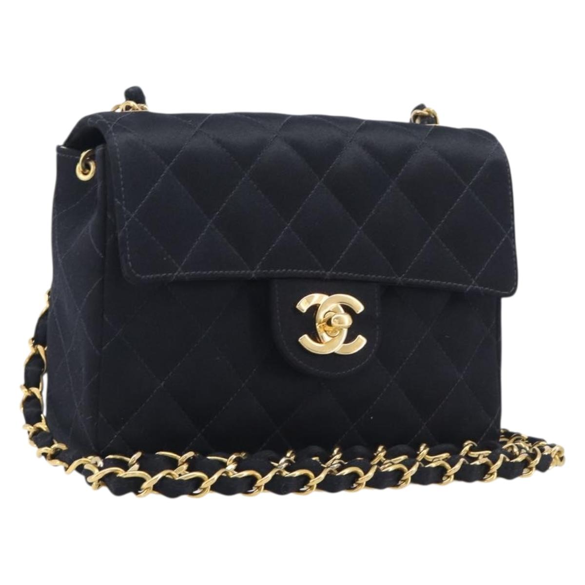 CHANEL Mini Matelasse 18 Chain Shoulder Bag Satin Black Gold CC Auth 208015SAM