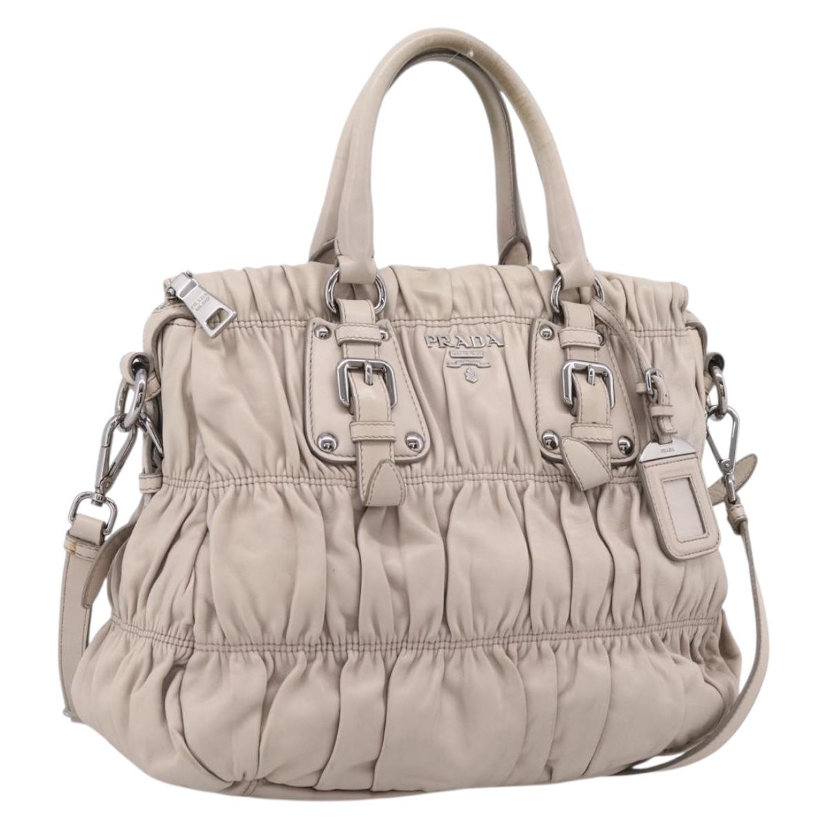 PRADA Gathered Hand Bag Leather 2way Gray Silver Auth 208024V