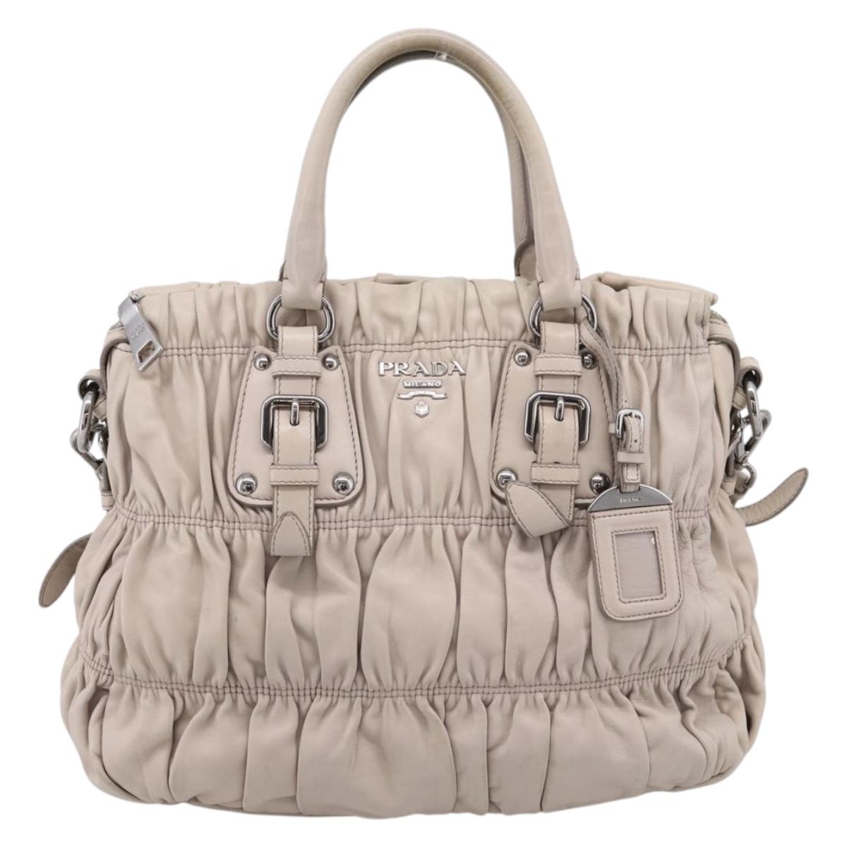 PRADA Gathered Hand Bag Leather 2way Gray Silver Auth 208024V