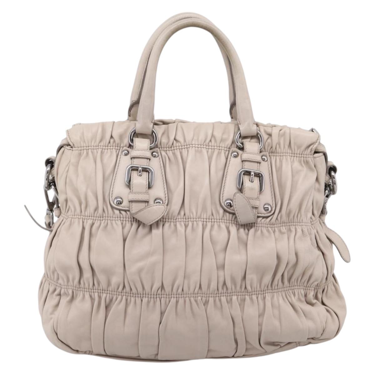 PRADA Gathered Hand Bag Leather 2way Gray Silver Auth 208024V