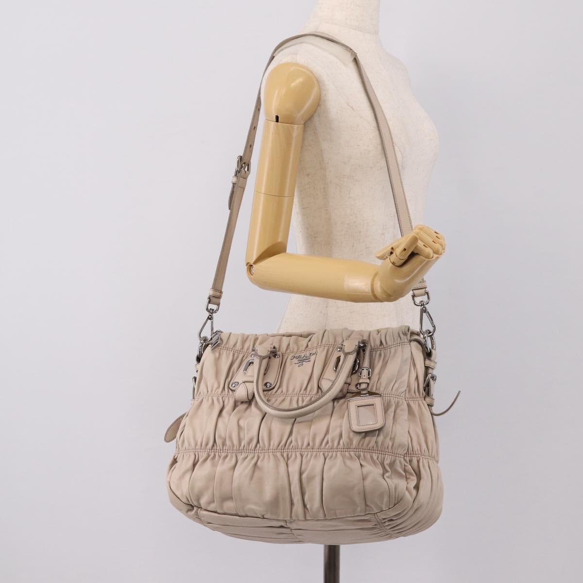 PRADA Gathered Hand Bag Leather 2way Gray Silver Auth 208024V