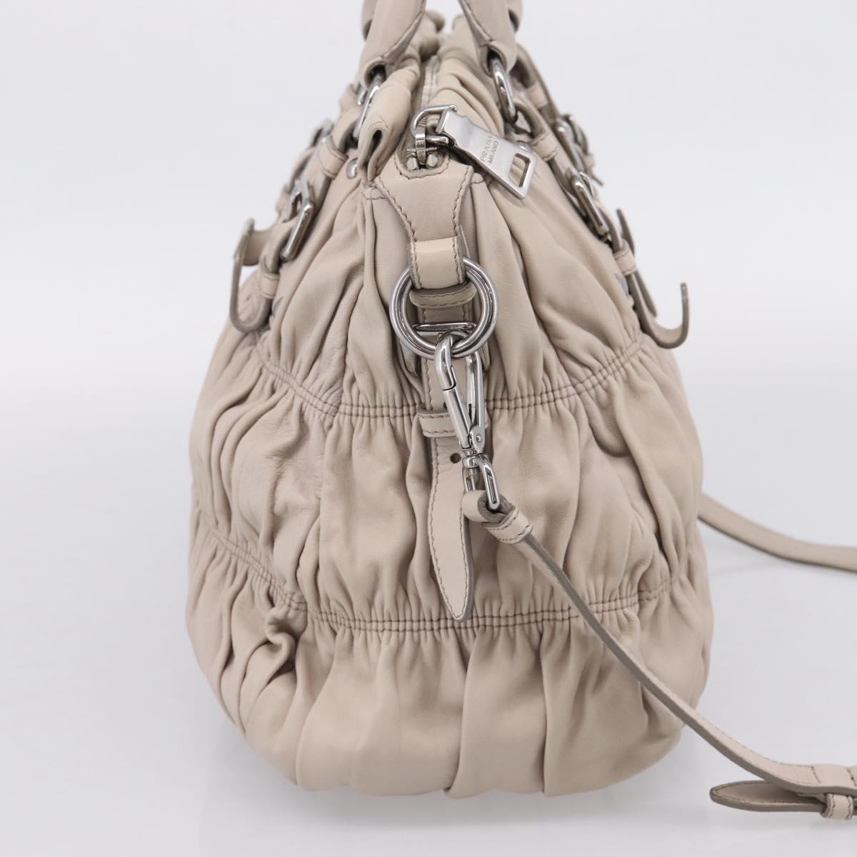PRADA Gathered Hand Bag Leather 2way Gray Silver Auth 208024V