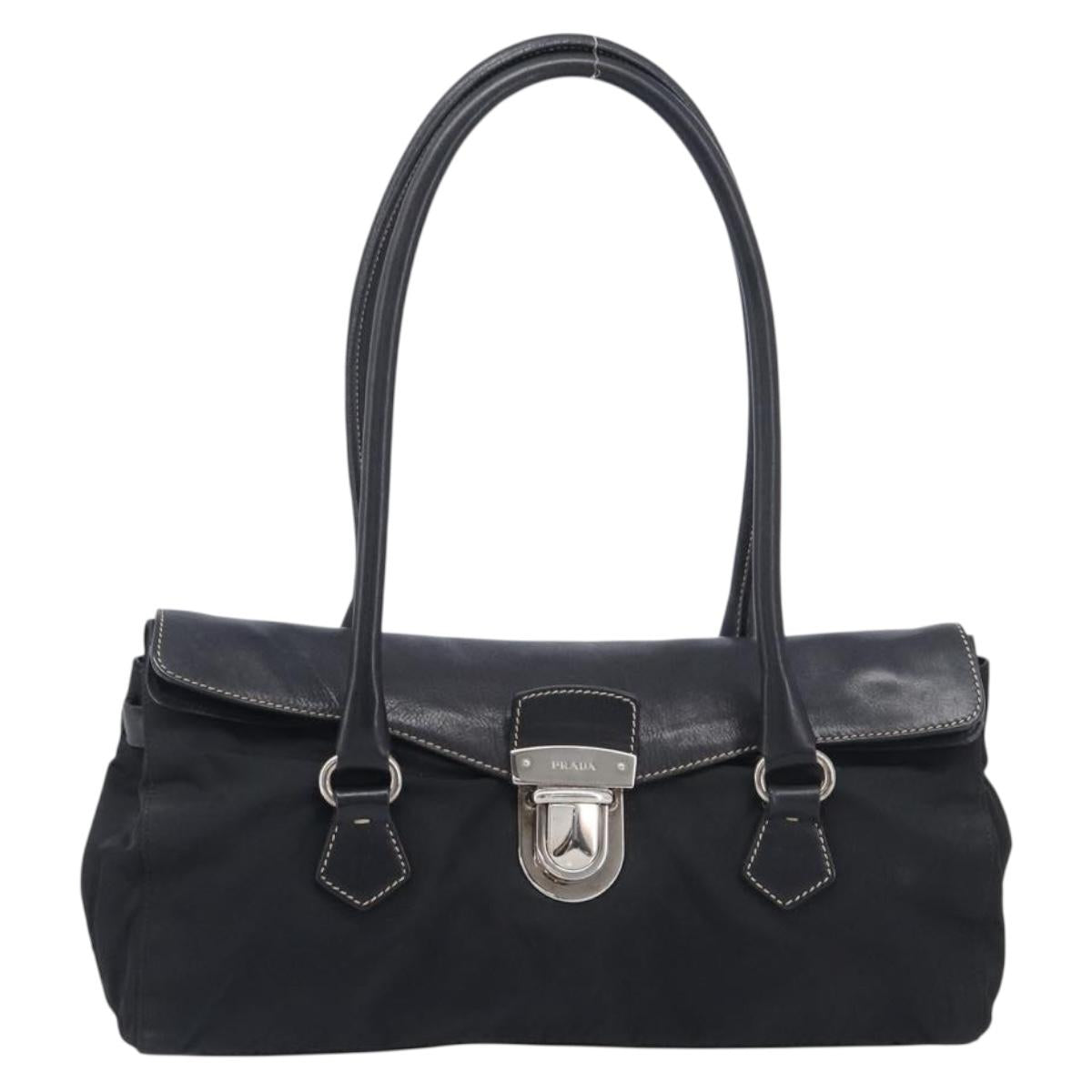 PRADA Tote Bag Nylon Leather Black Silver Auth 208028
