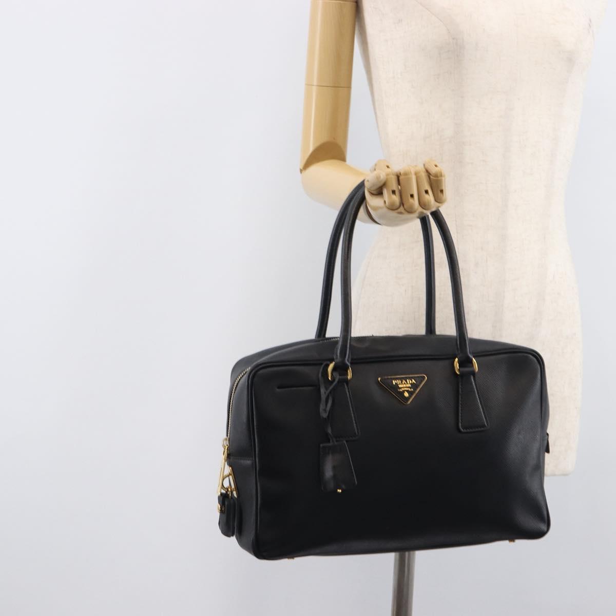 PRADA Hand Bag Saffiano leather Black Gold Auth 208042A