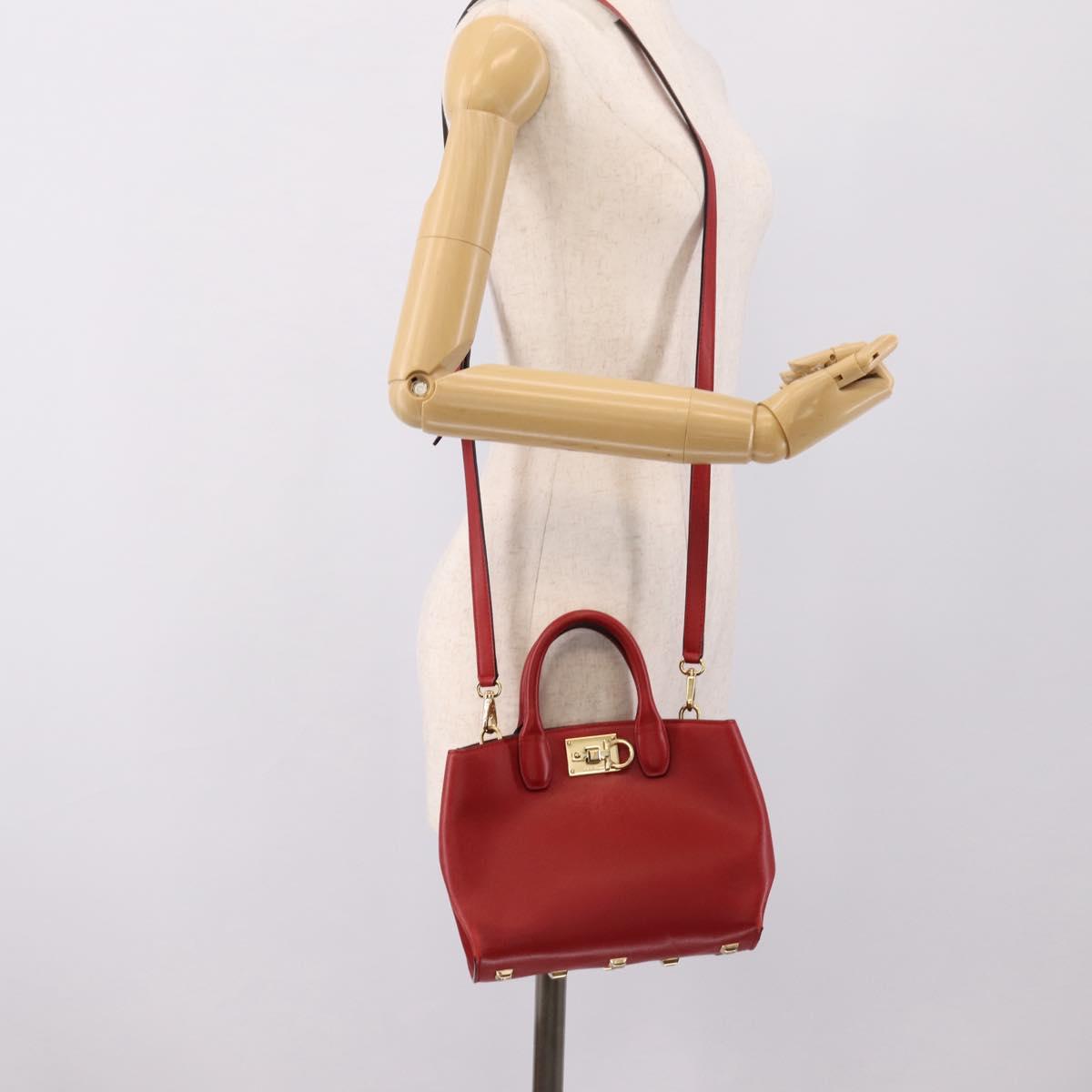 Salvatore Ferragamo Gancini Studio Bag Leather 2way Red Gold Auth 208047A