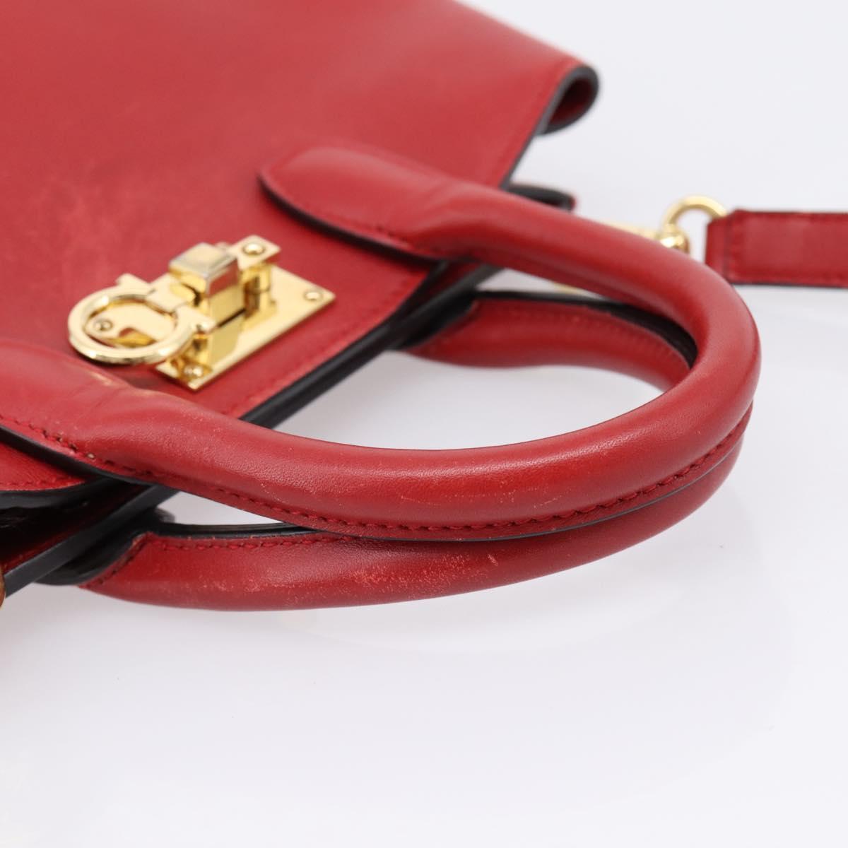 Salvatore Ferragamo Gancini Studio Bag Leather 2way Red Gold Auth 208047A