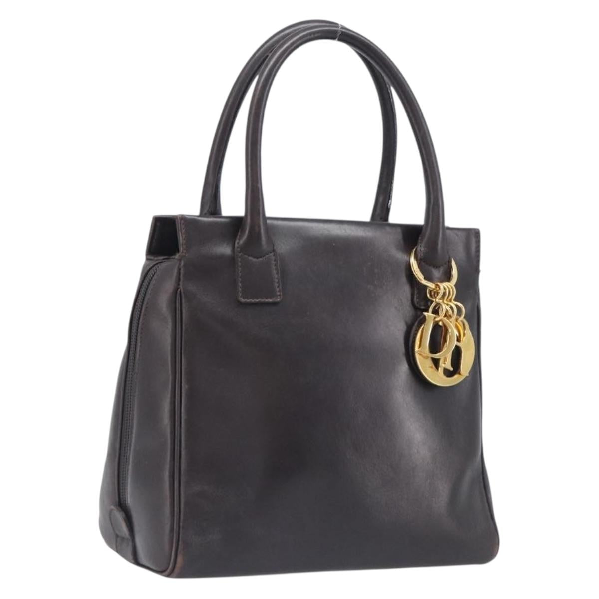 Christian Dior Hand Bag Leather Black Gold Tone Auth 208063
