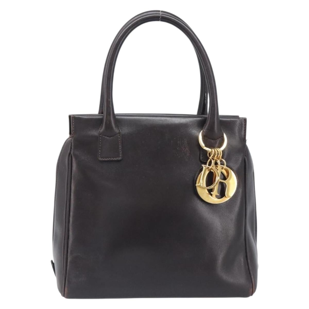 Christian Dior Hand Bag Leather Black Gold Tone Auth 208063