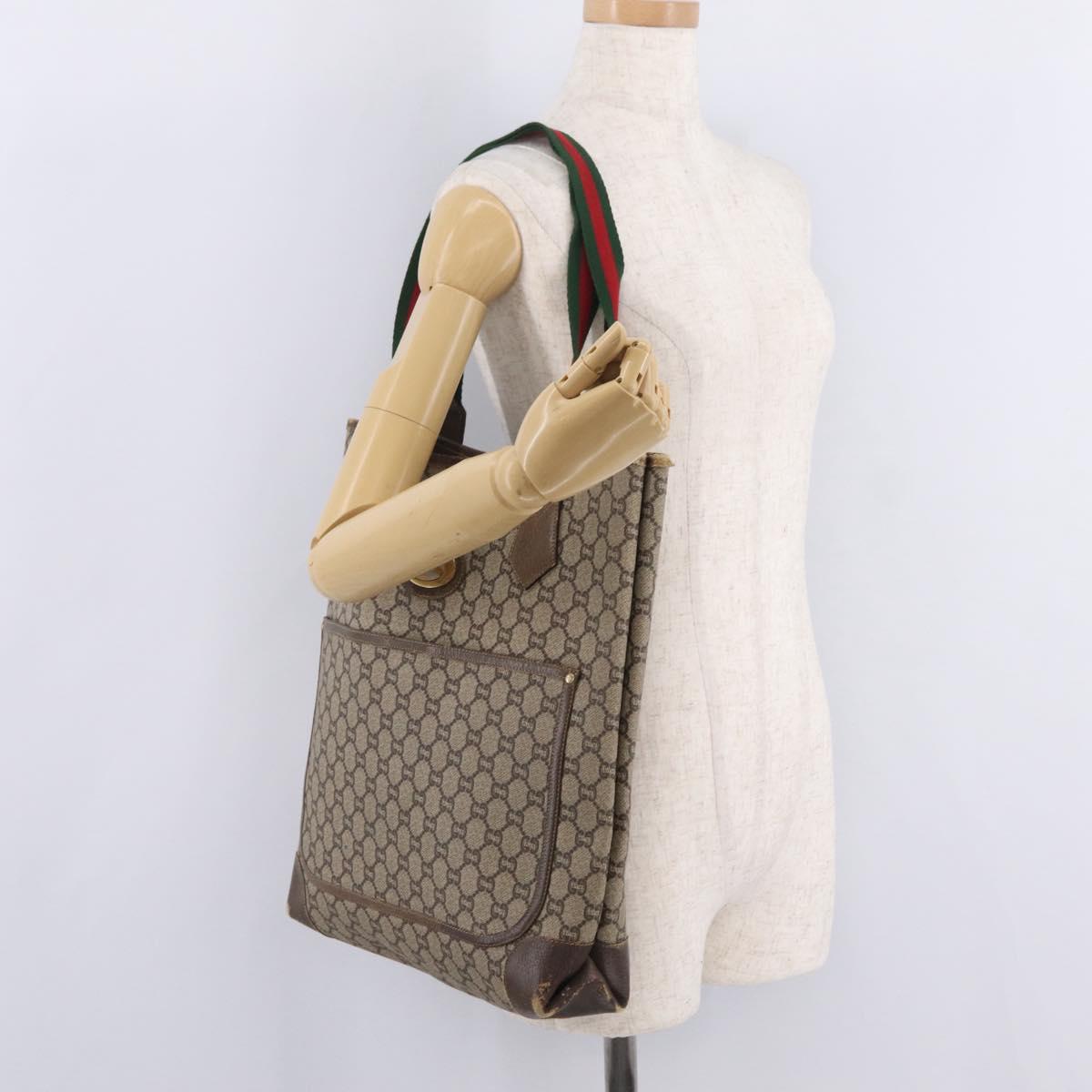 GUCCI PLUS Web Sherry Line Tote Bag PVC Beige Gold Tone Auth 208066