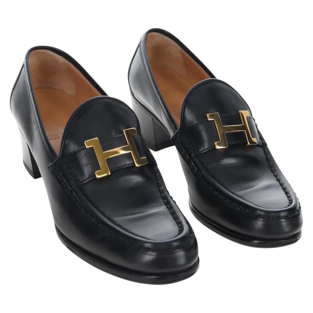 HERMES Moccasin Constance loafers Leather "35 1/2" Black Gold Tone Auth 208074V