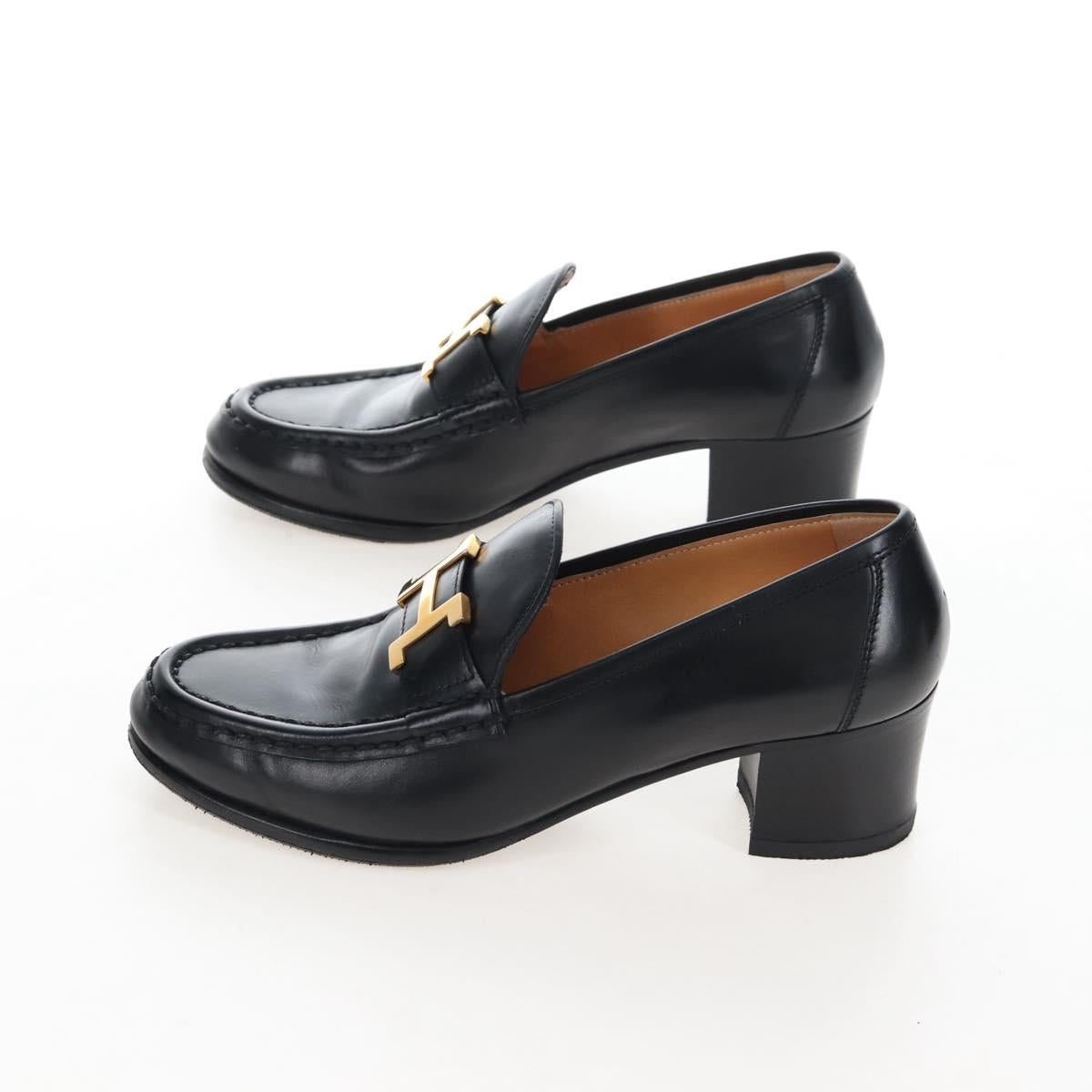 HERMES Moccasin Constance loafers Leather "35 1/2" Black Gold Tone Auth 208074V