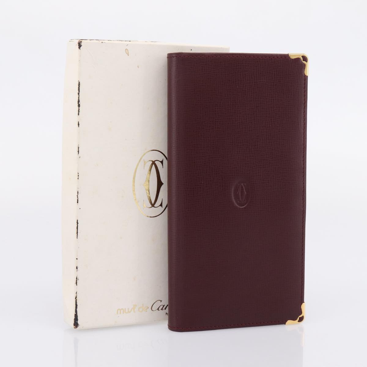 Cartier Long Wallet Leather Bordeaux Gold Auth 208075V