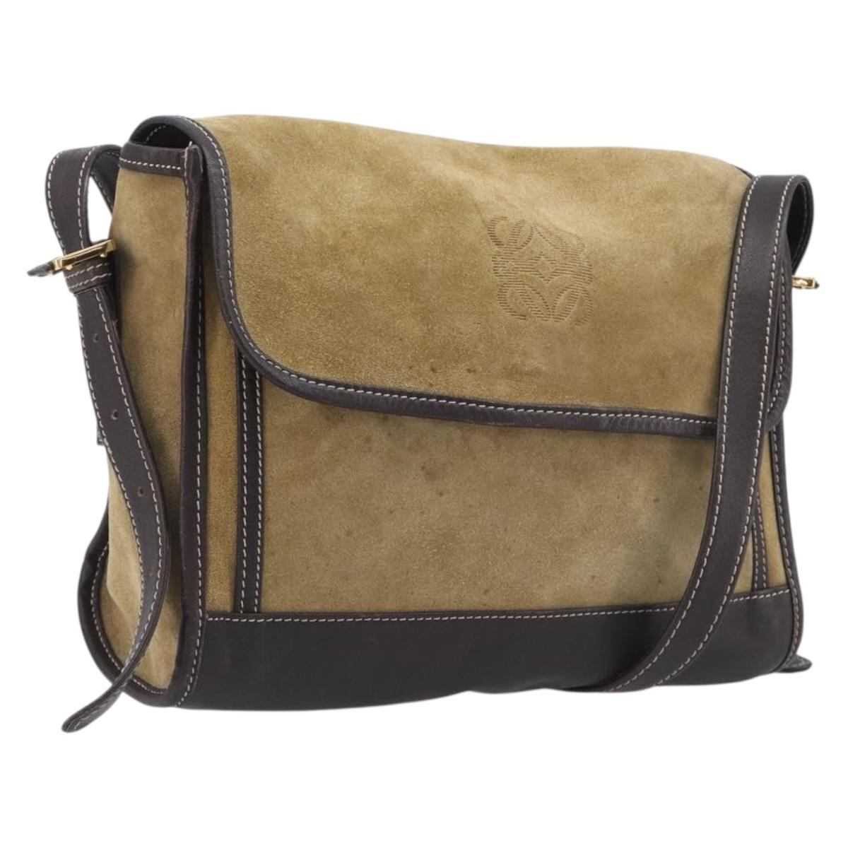 LOEWE Shoulder Bag Suede Beige Gold Tone Auth 208101