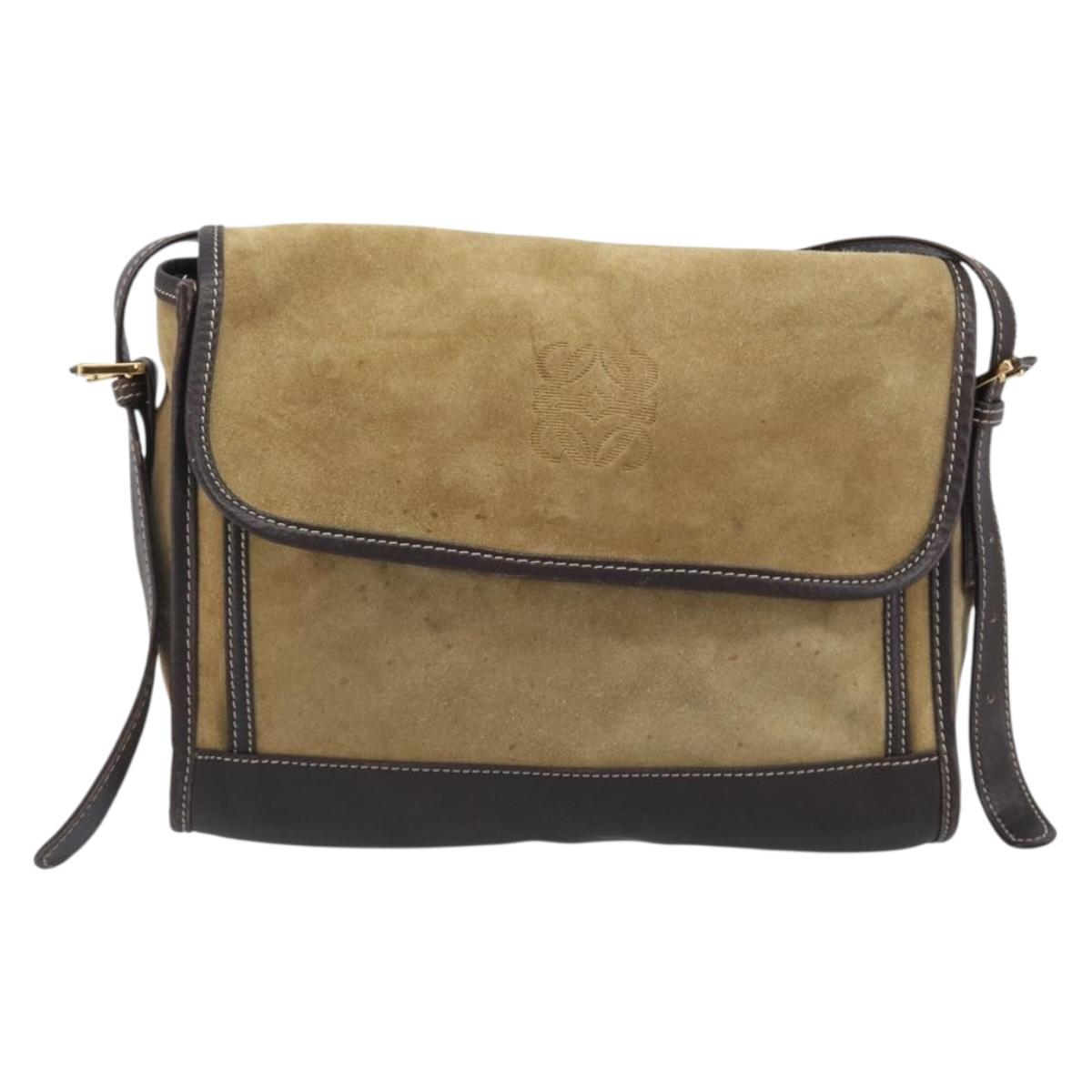 LOEWE Shoulder Bag Suede Beige Gold Tone Auth 208101