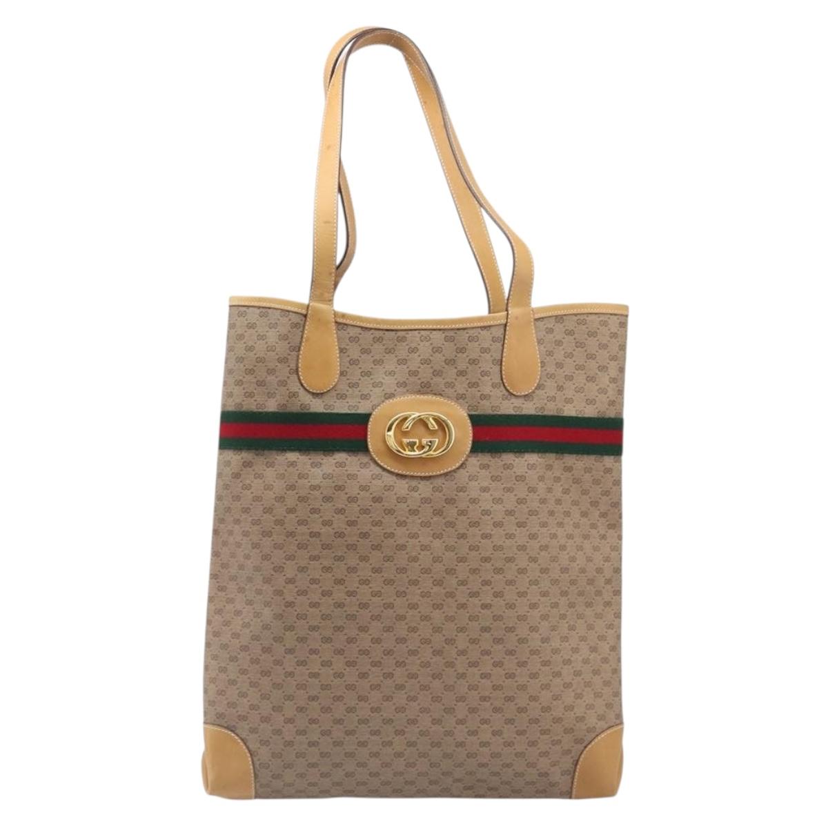 GUCCI Micro GG Web Sherry Line Tote Bag PVC Beige Gold 002 904 0131 Auth 208124