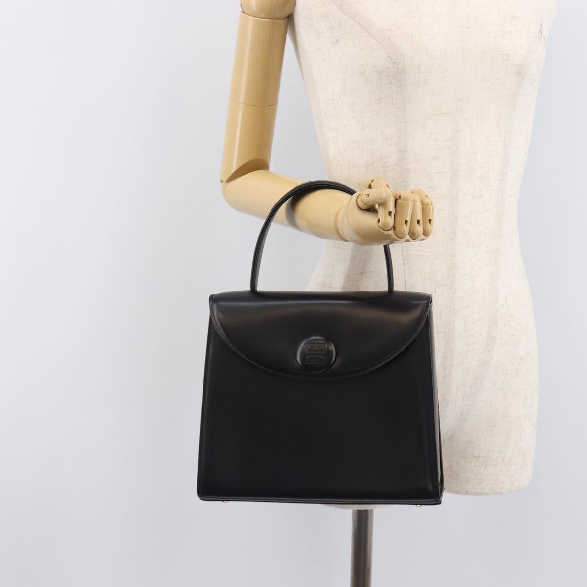 GIVENCHY Hand Bag Leather Black Gold Tone Auth 208128A