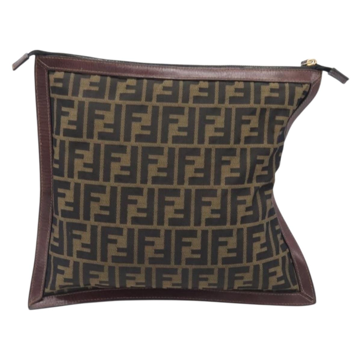 FENDI Zucca Canvas Clutch Bag Brown Gold Tone Auth 208136