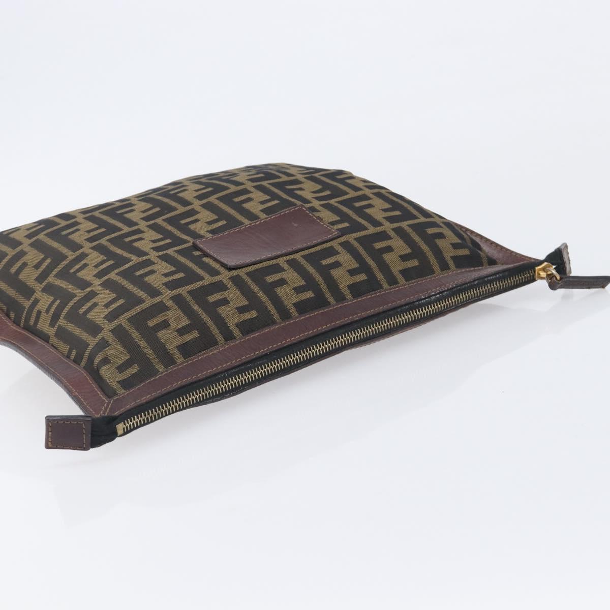 FENDI Zucca Canvas Clutch Bag Brown Gold Tone Auth 208136