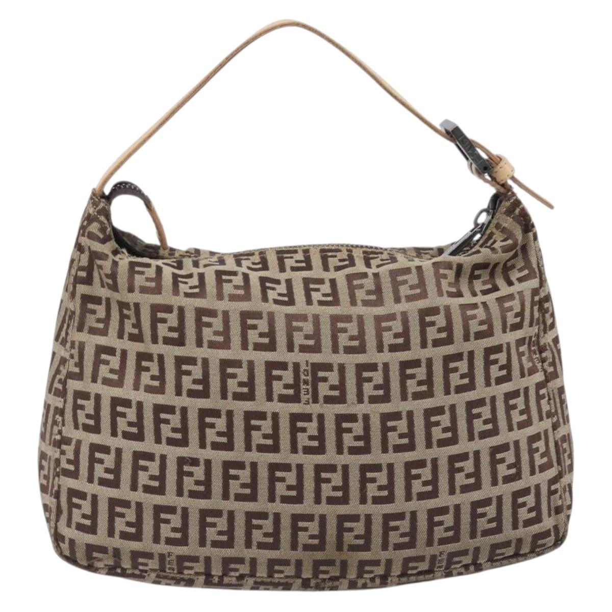 FENDI Zucchino Canvas Accessory Pouch Beige Silver 8N0005 Auth 208137