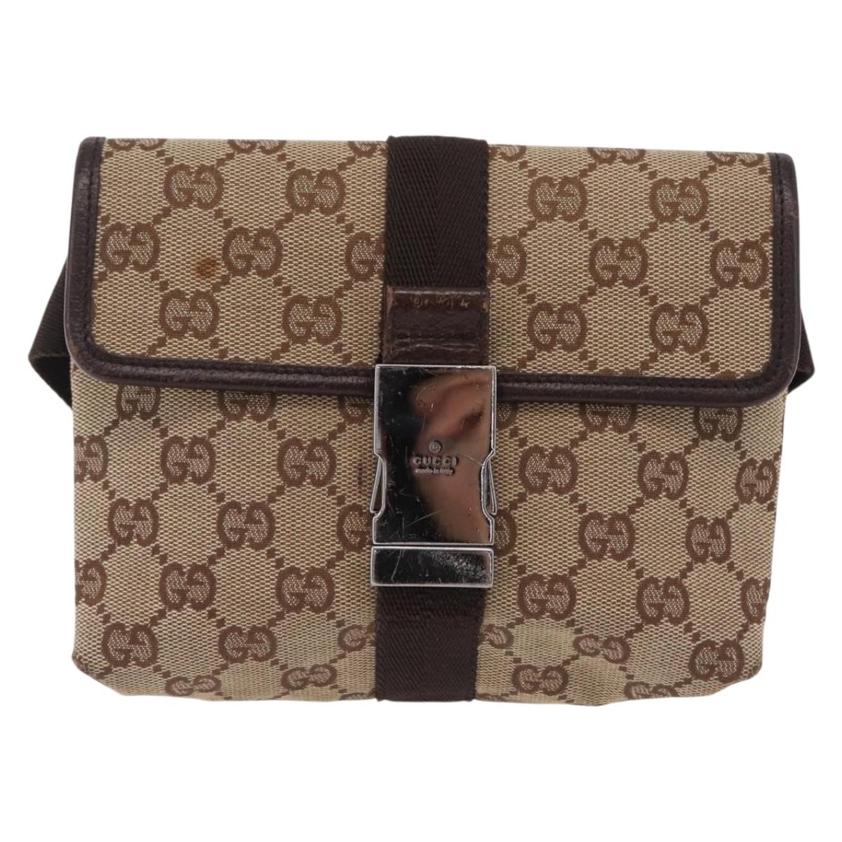 GUCCI GG Canvas Waist Bag Beige Silver 131236 Auth 208149