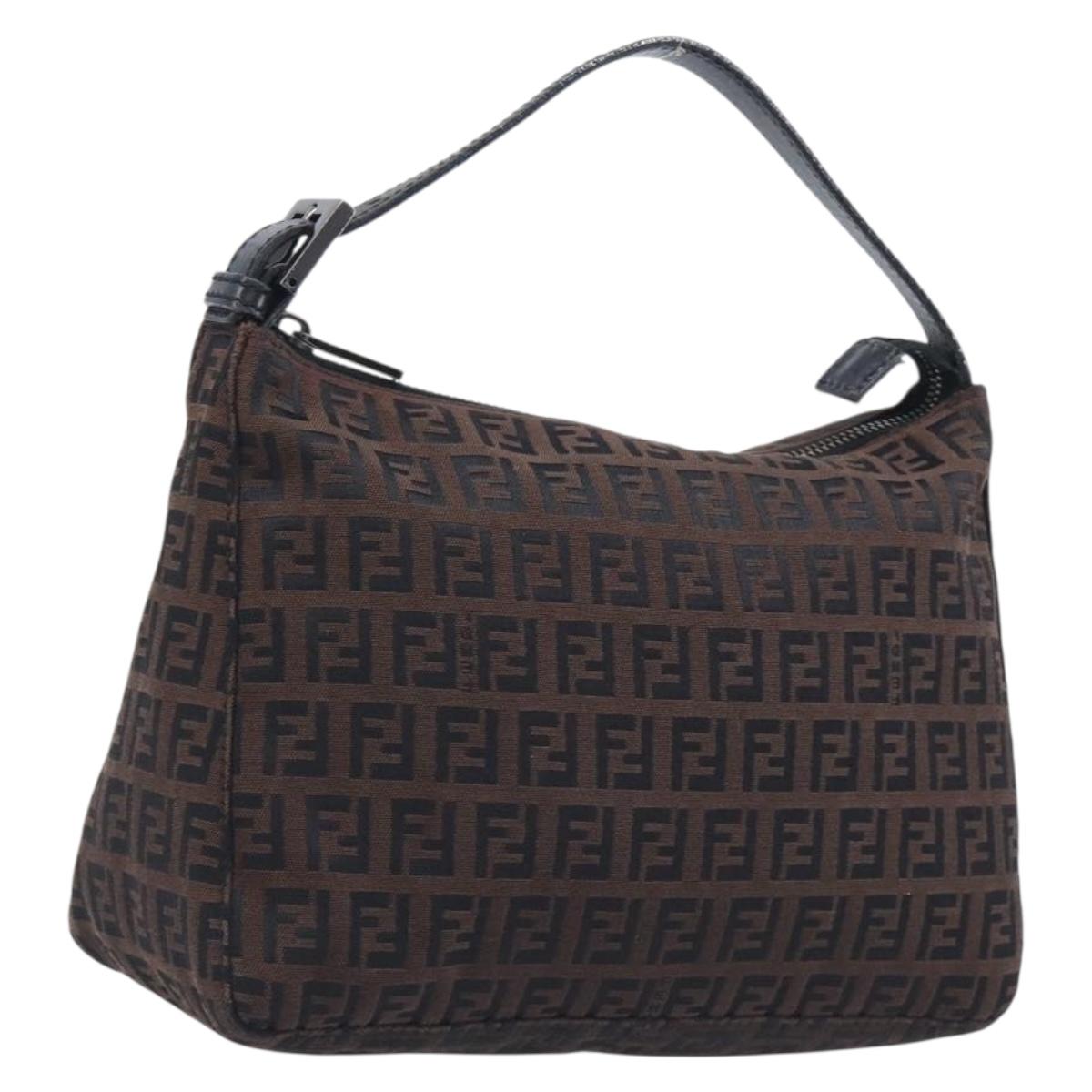 FENDI Zucchino Canvas Hand Bag Brown Silver 8N0005 Auth 208162