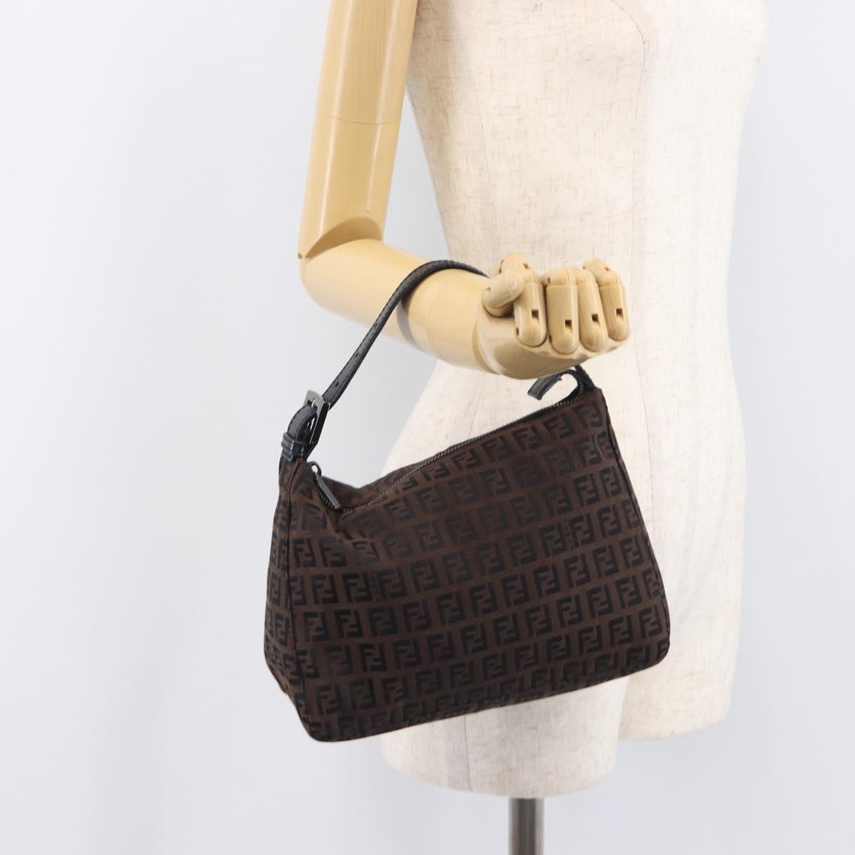 FENDI Zucchino Canvas Hand Bag Brown Silver 8N0005 Auth 208162