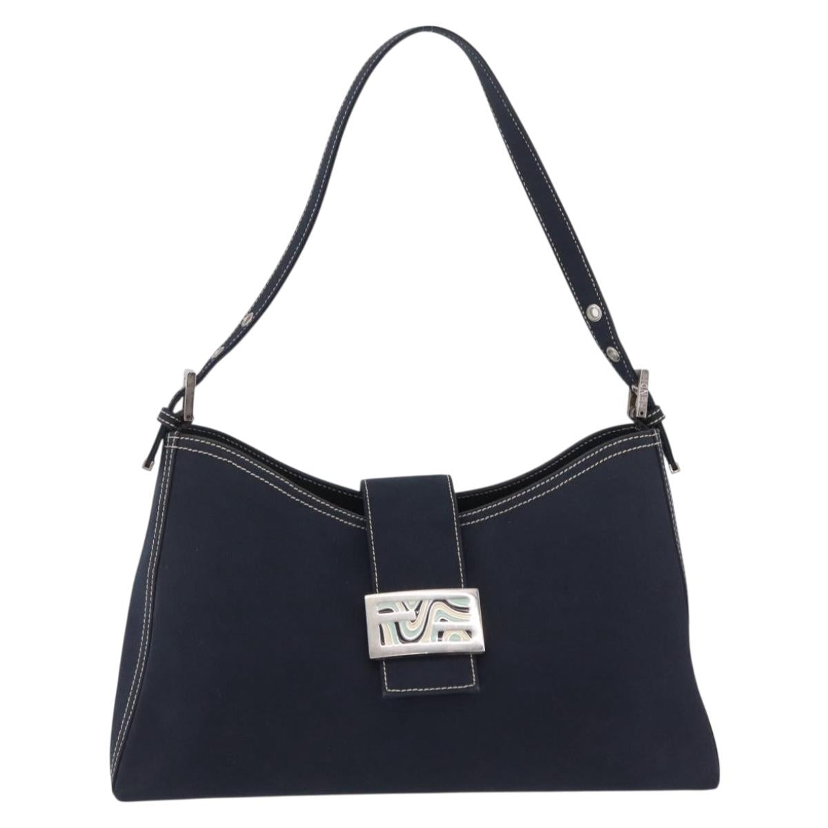 FENDI Mamma Baguette Shoulder Bag Canvas Navy Silver Auth 208169V