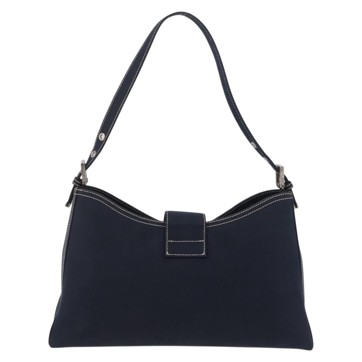 FENDI Mamma Baguette Shoulder Bag Canvas Navy Silver Auth 208169V