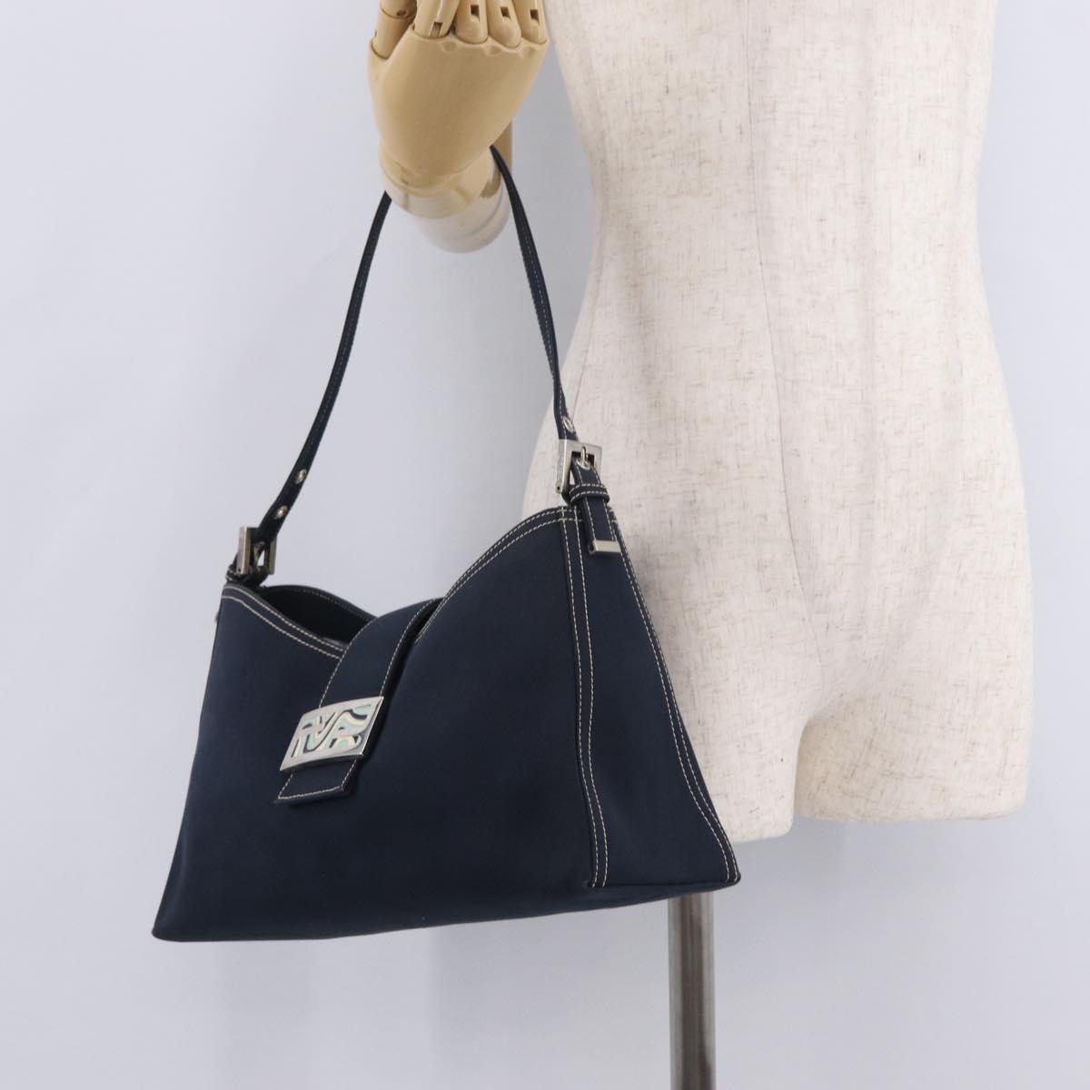 FENDI Mamma Baguette Shoulder Bag Canvas Navy Silver Auth 208169V
