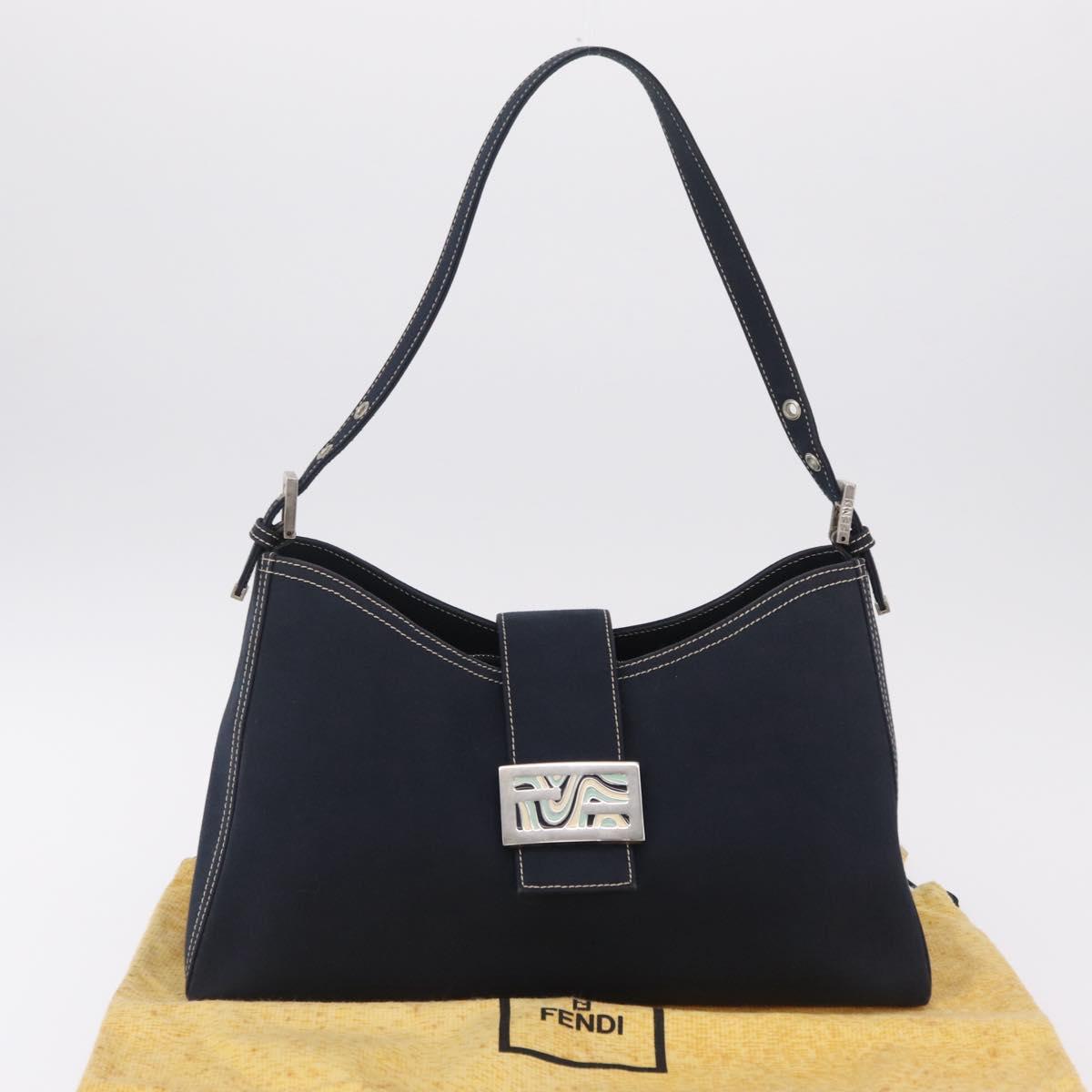 FENDI Mamma Baguette Shoulder Bag Canvas Navy Silver Auth 208169V