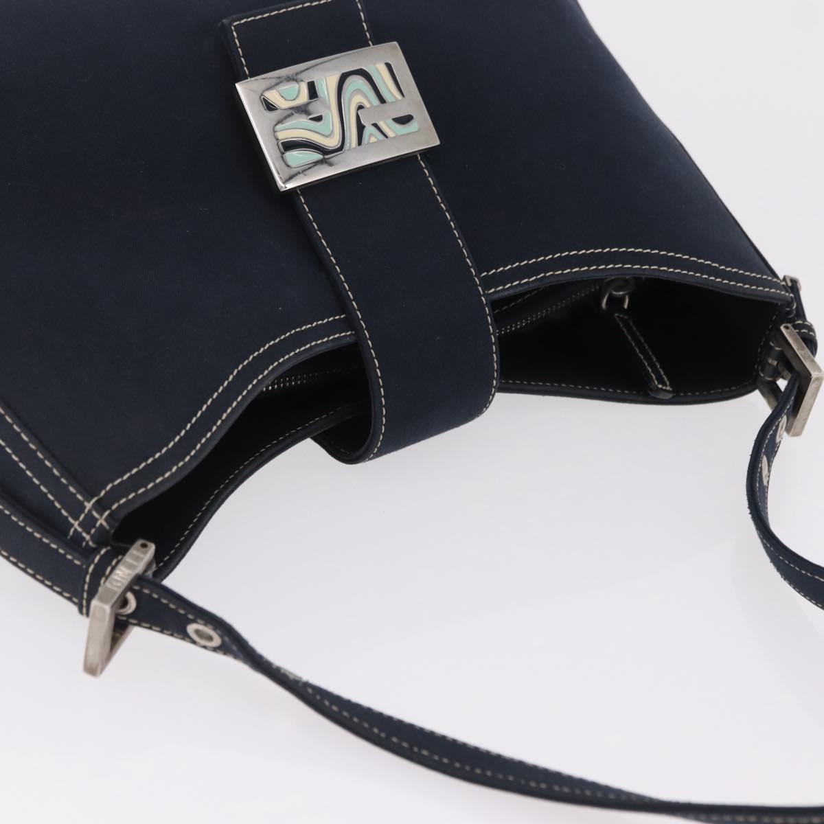 FENDI Mamma Baguette Shoulder Bag Canvas Navy Silver Auth 208169V