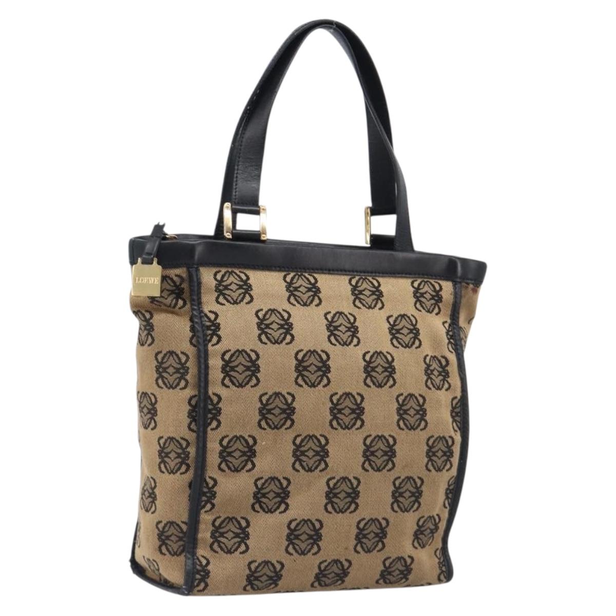 LOEWE Hand Bag Canvas Beige Gold Tone Auth 208170