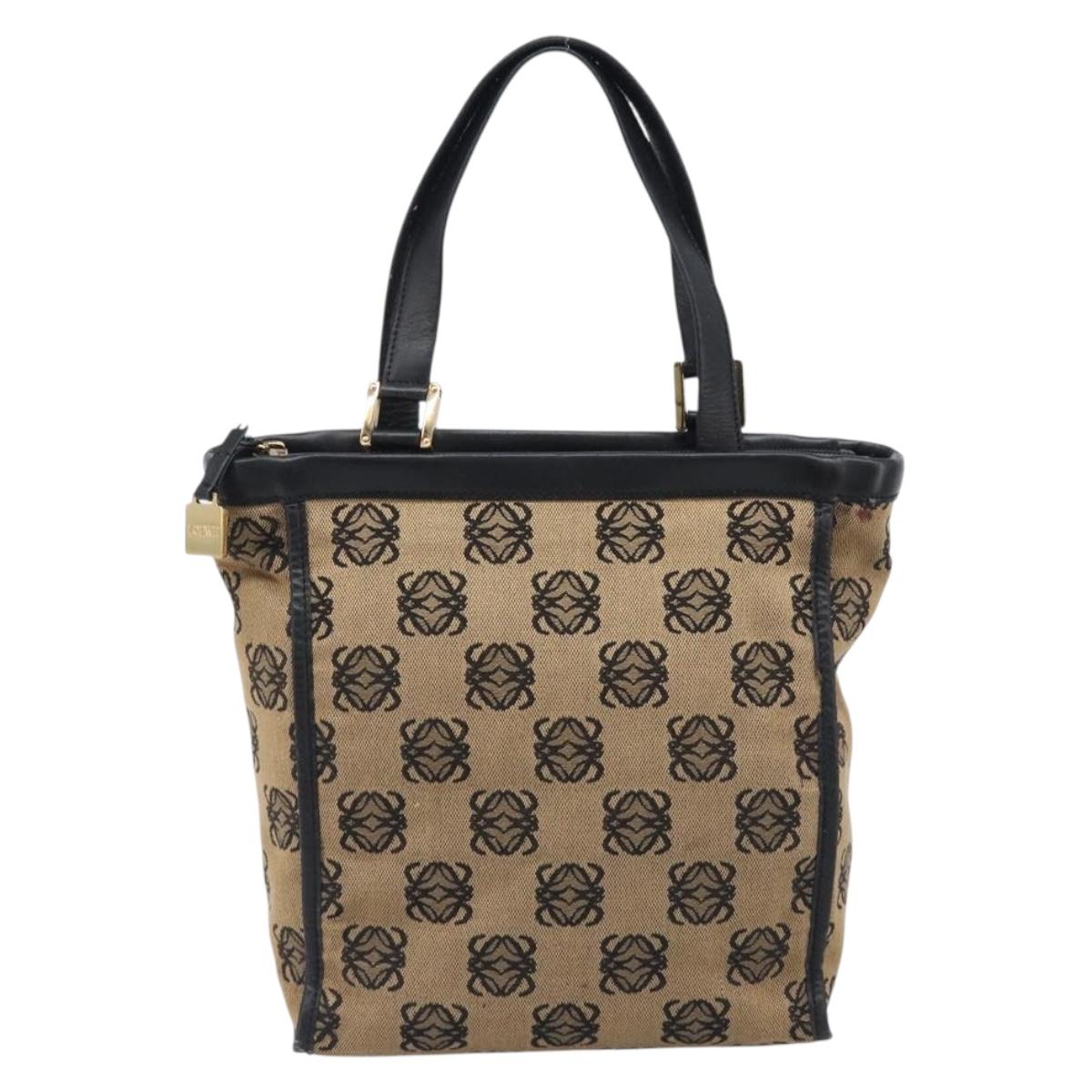 LOEWE Hand Bag Canvas Beige Gold Tone Auth 208170