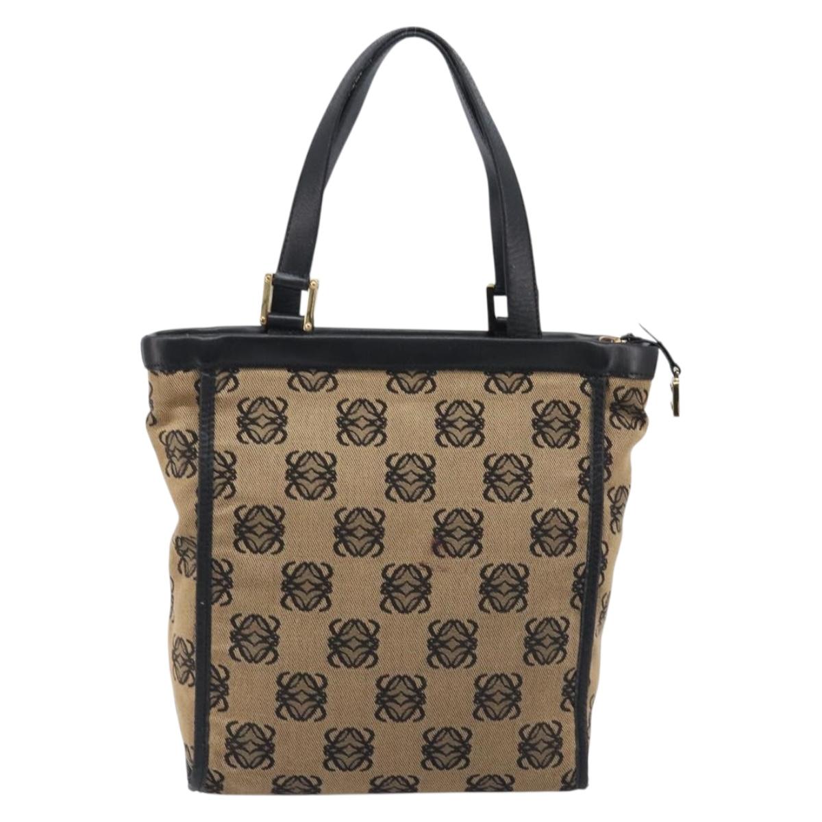 LOEWE Hand Bag Canvas Beige Gold Tone Auth 208170