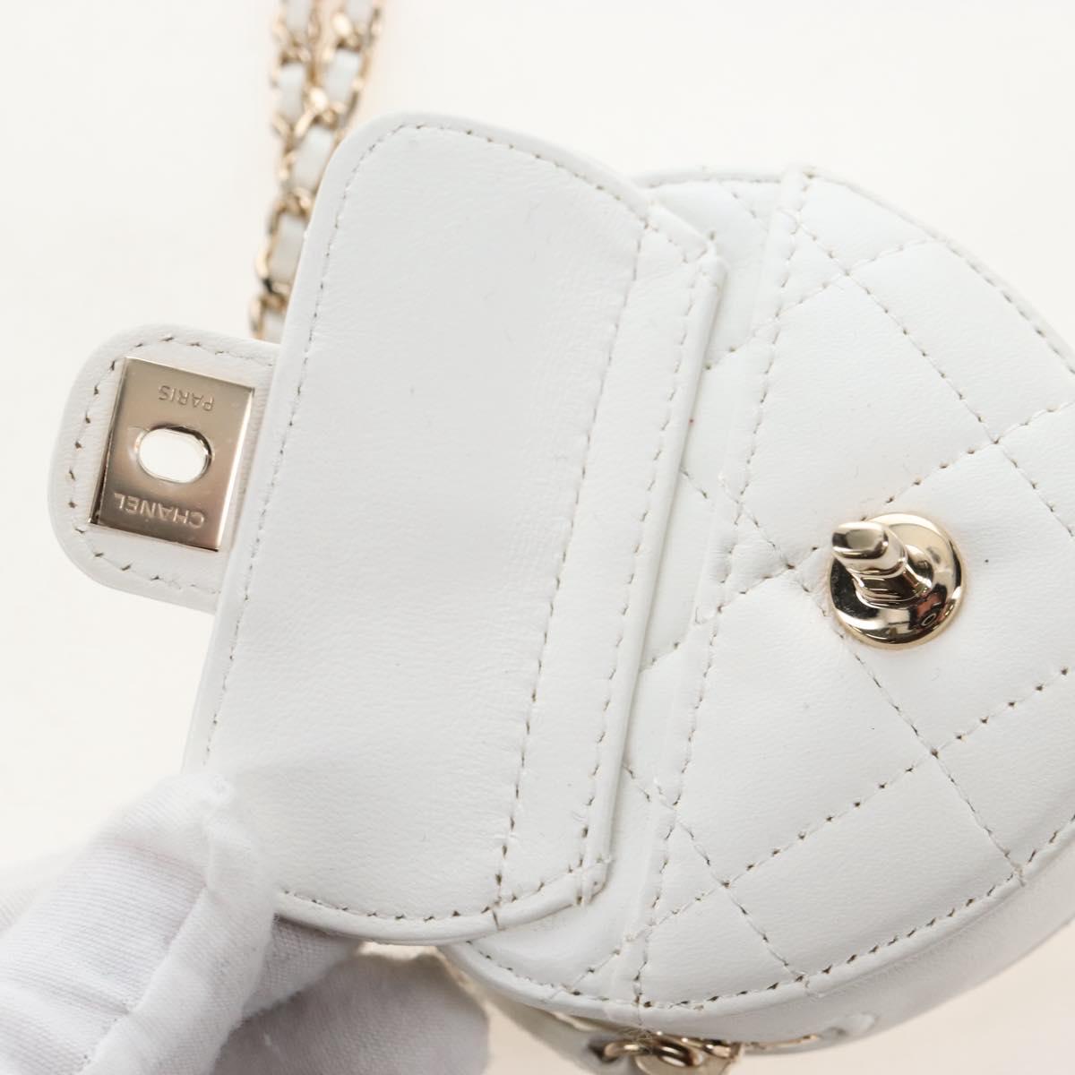 CHANEL Matelasse Chain Shoulder Pouch Lamb Skin White Gold CC Auth 208209M