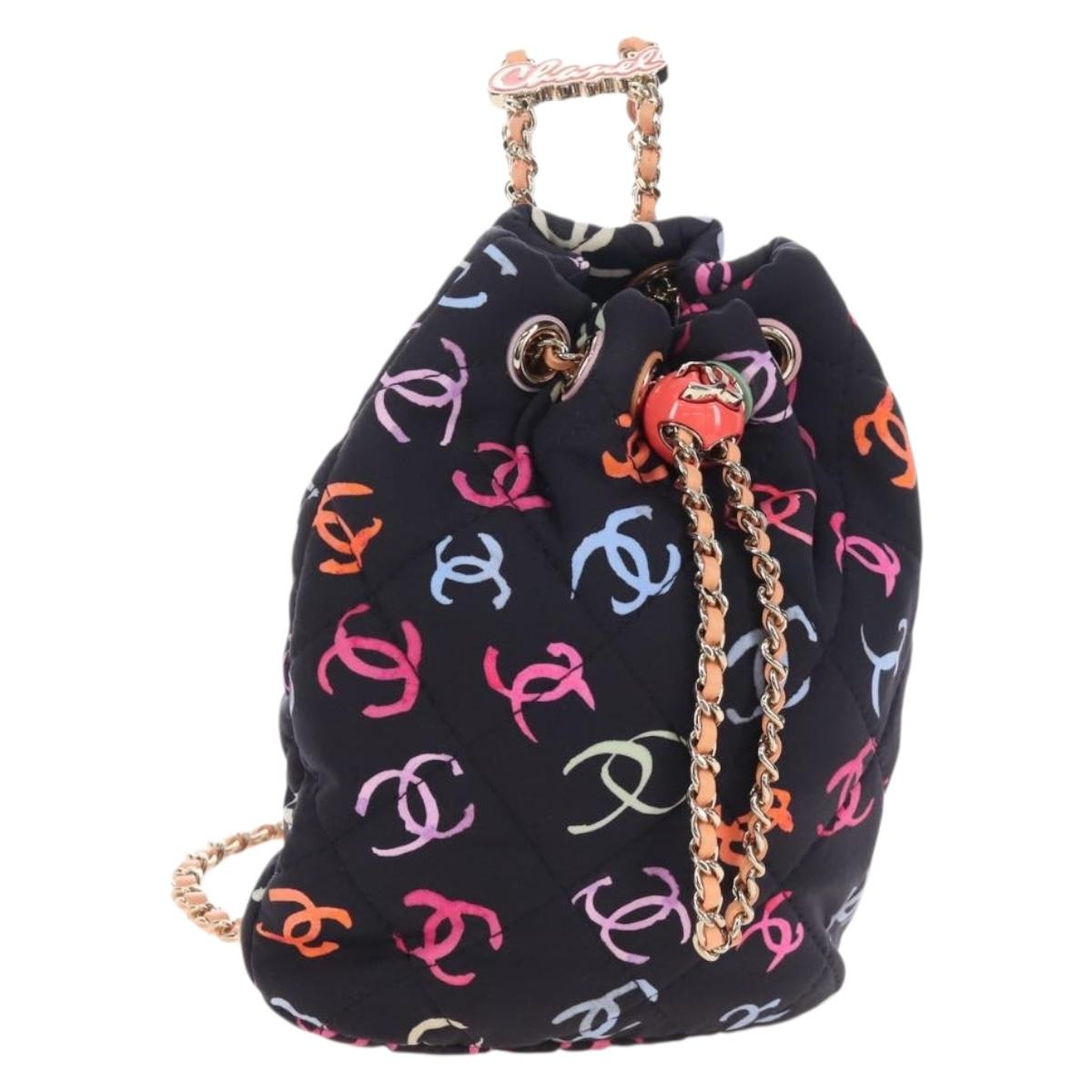CHANEL Matelasse Chain Backpack Cotton Navy Gold CC Auth 208212SM