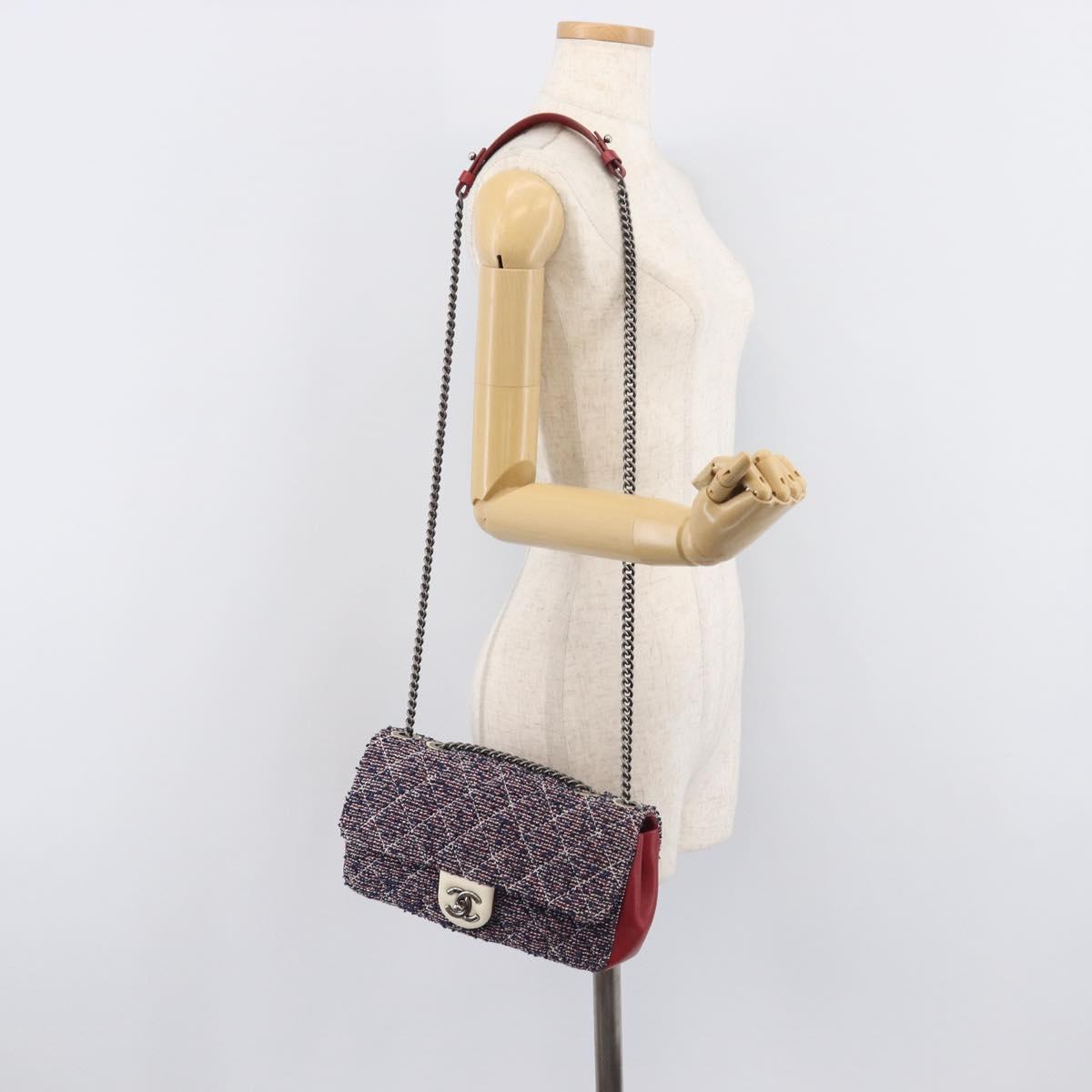 CHANEL Matelasse 25 Chain Shoulder Bag Tweed Navy Silver CC Auth 208214SAM