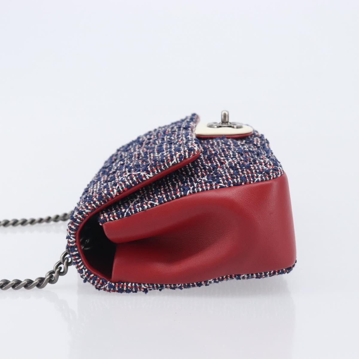 CHANEL Matelasse 25 Chain Shoulder Bag Tweed Navy Silver CC Auth 208214SAM