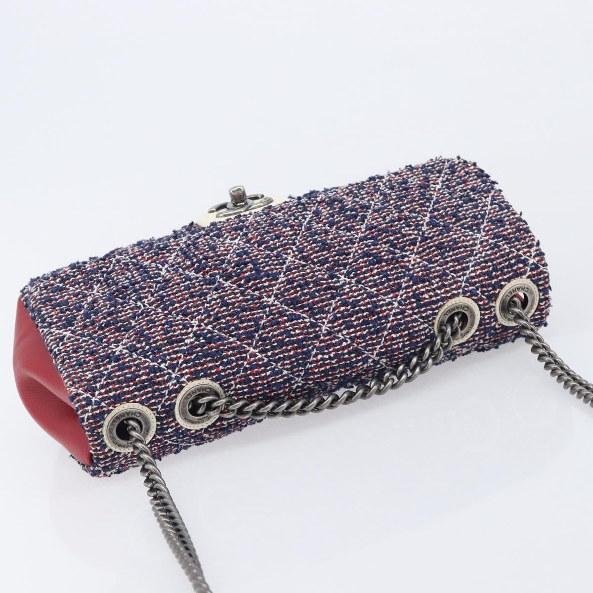 CHANEL Matelasse 25 Chain Shoulder Bag Tweed Navy Silver CC Auth 208214SAM