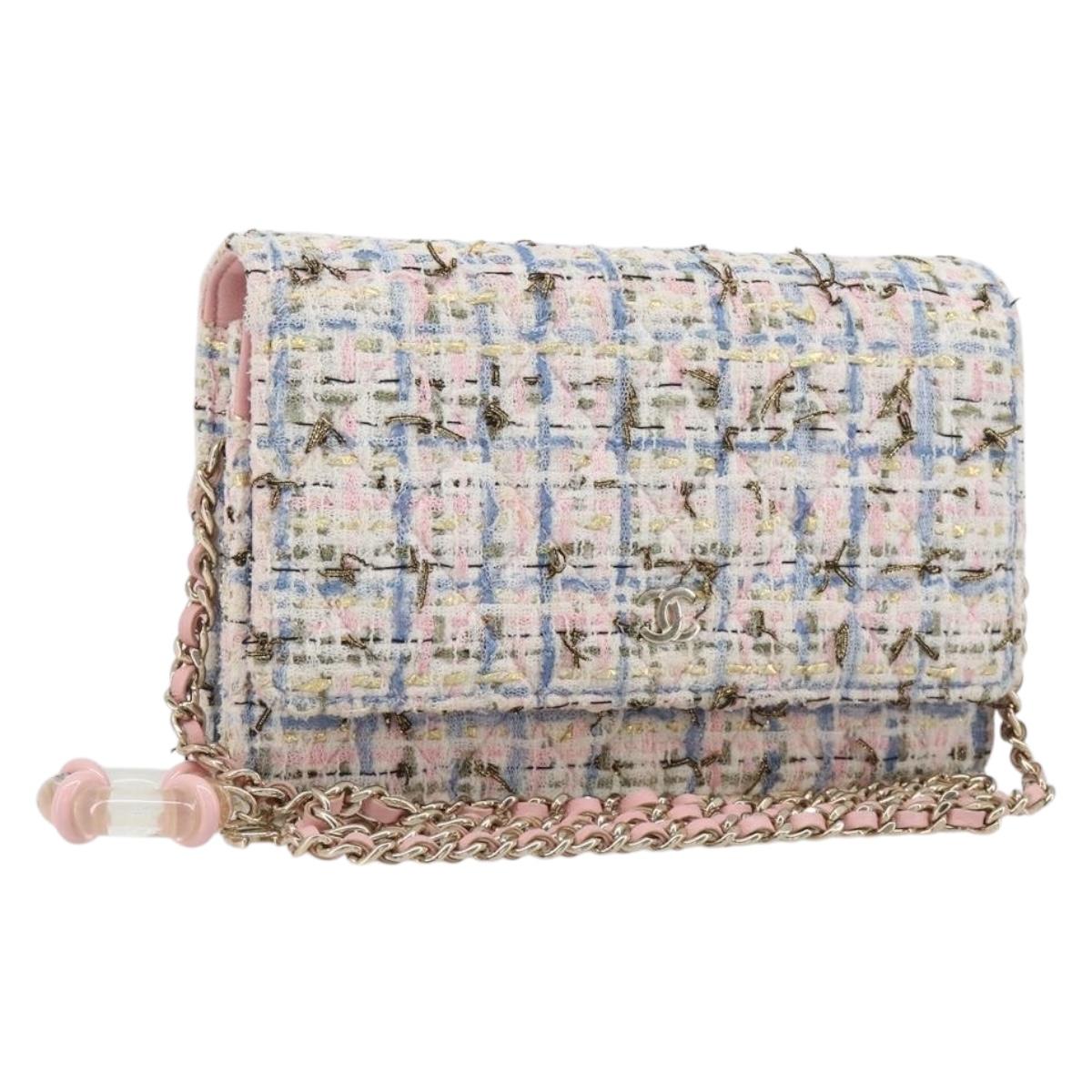 CHANEL Chain Shoulder Bag Tweed Pink Gold CC Auth 208216SAM