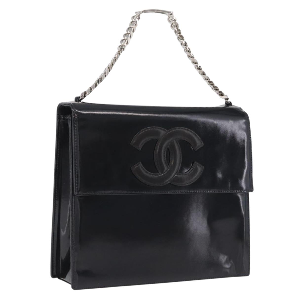 CHANEL Chain Hand Bag Patent leather Black Silver CC Auth 208219A