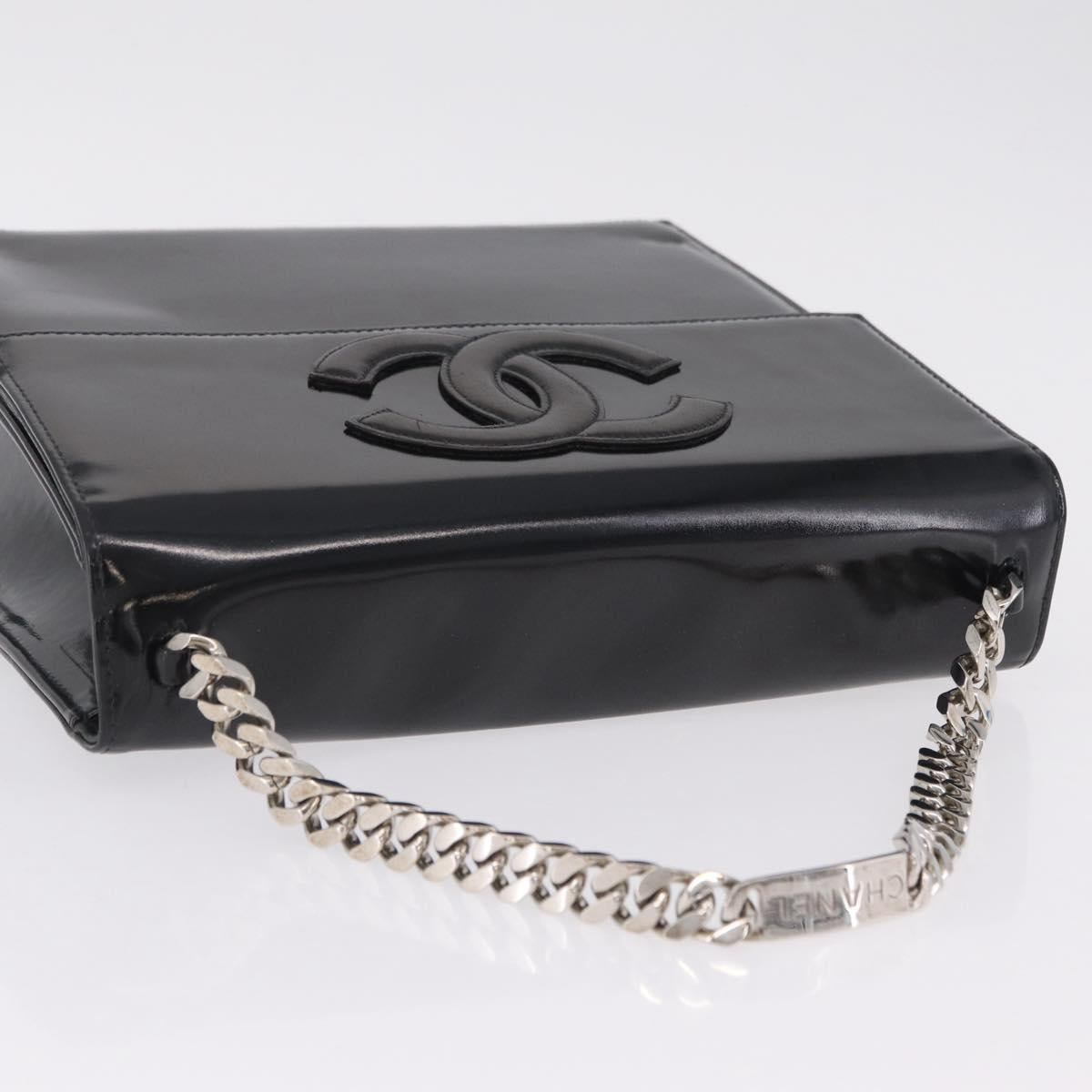 CHANEL Chain Hand Bag Patent leather Black Silver CC Auth 208219A