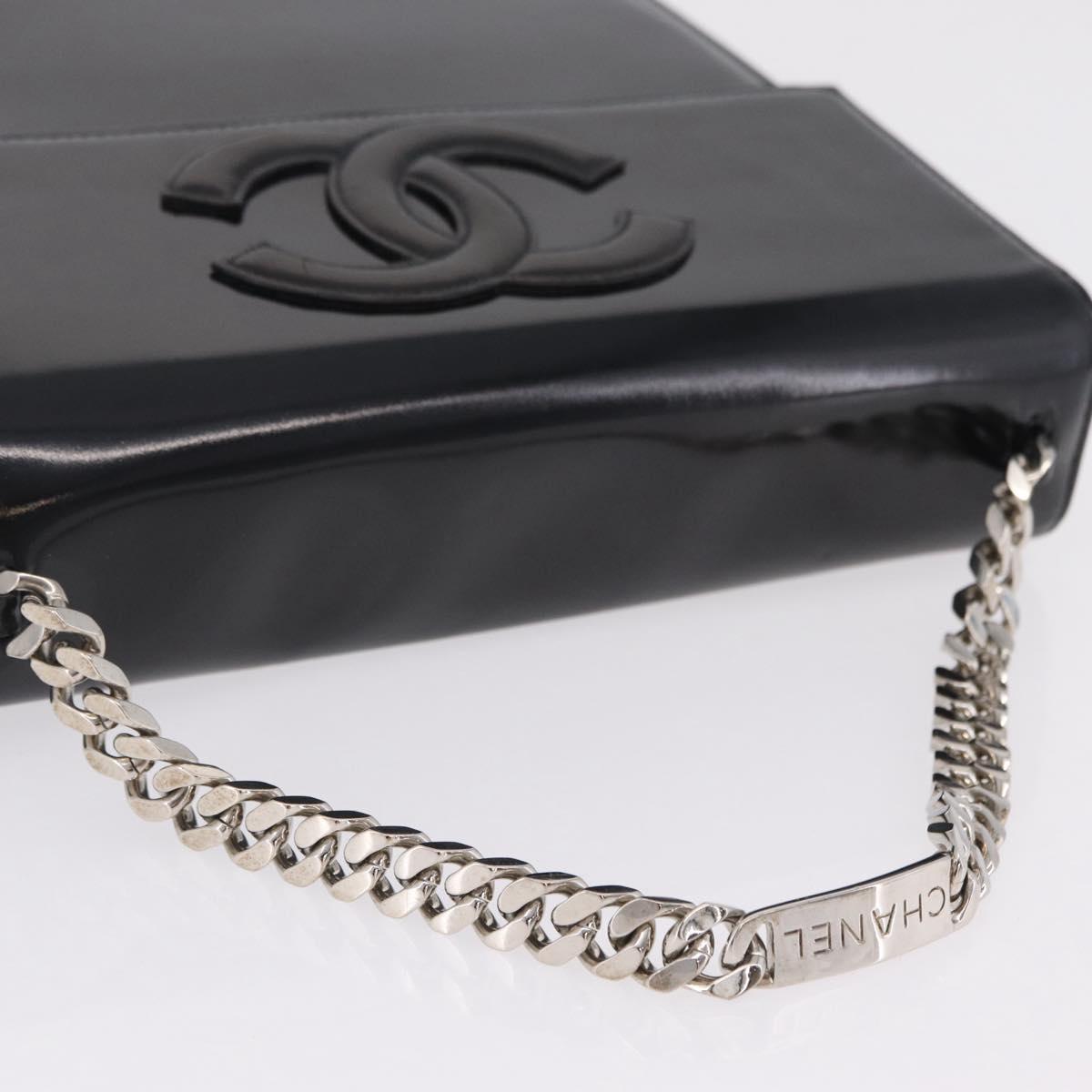 CHANEL Chain Hand Bag Patent leather Black Silver CC Auth 208219A