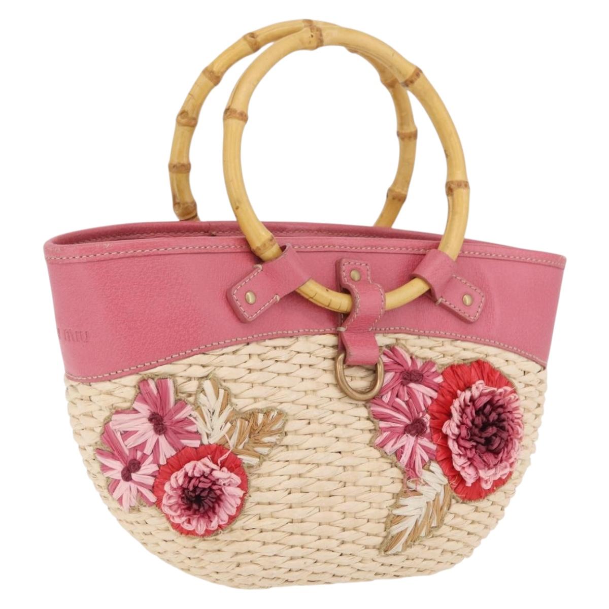 Miu Miu Bamboo Hand Bag Raffia Pink Gold Auth 208220A