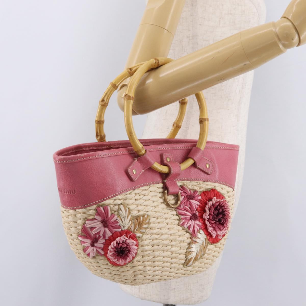Miu Miu Bamboo Hand Bag Raffia Pink Gold Auth 208220A